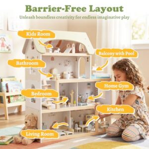 3-Storey Wooden Kids DollHouse with Rich Furniture Accessories and Simulated Rooms