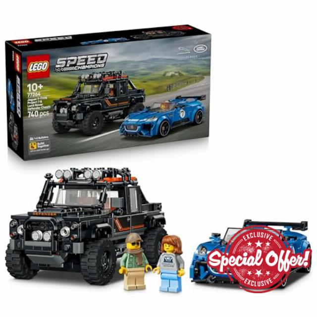 LEGO Speed Champions Jaguar Project 7 & Land Rover Defender - STEM Model Kit w/ 2 Car Toys & 2 Driver Minifigures - Birthday Gift for 10+ Year Old Boys - 77264