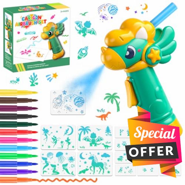 icknack Marker Airbrush Spray Paint Kit for Kids-12 Washable Markers & 13 Stencil