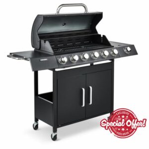 Fire Mountain Cascade 7 Burner Gas BBQ Black with Side Burner Cast Iron Grill Large Outdoor Barbecue for Garden Patio 81.5 x 37.5cm Cooking Area