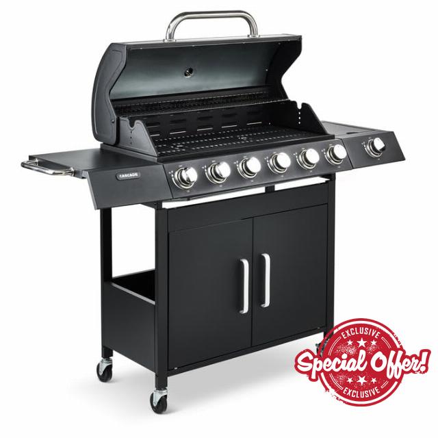Fire Mountain Cascade 7 Burner Gas BBQ Black with Side Burner Cast Iron Grill Large Outdoor Barbecue for Garden Patio 81.5 x 37.5cm Cooking Area