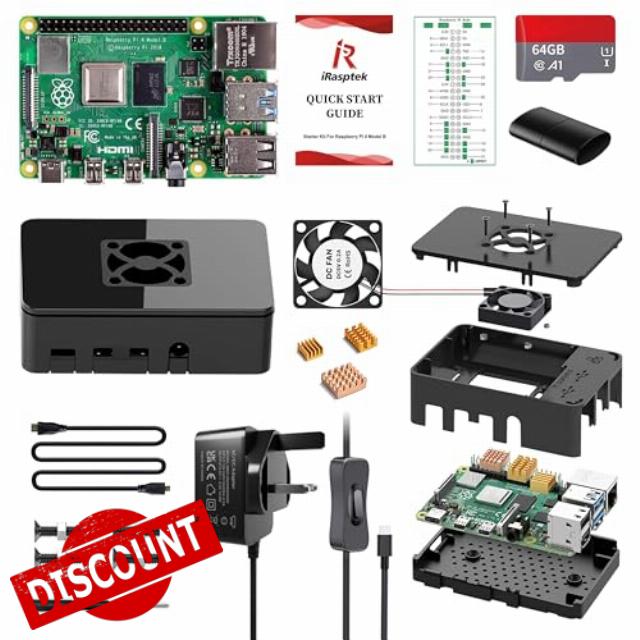 iRasptek Starter Kit for Raspberry Pi 4B 4GB RAM - 64GB SD Card Editio