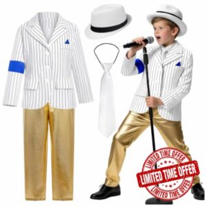 Kids Retro Pop Star Costume 4-Piece Set Striped Jacket Shiny Gold Pants With White Hat And Necktie 80s 90s Music Icon For Halloween Party Stage Performance And Fancy Dress