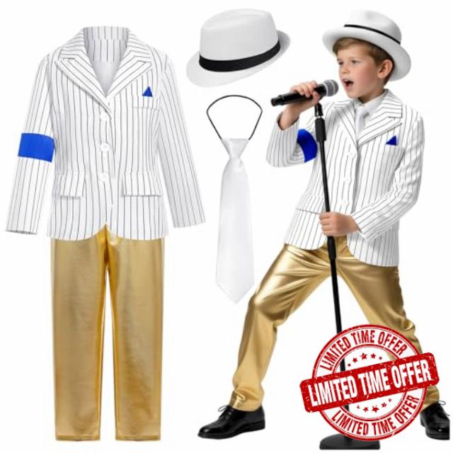 Kids Retro Pop Star Costume 4-Piece Set Striped Jacket Shiny Gold Pants With White Hat And Necktie 80s 90s Music Icon For Halloween Party Stage Performance And Fancy Dress