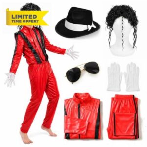 Kids 80s Pop Star Red Thriller Style Costume Set - Iconic Red Jacket and Trousers with Curly Black Wig Fedora Aviator Glasses and White Gloves - Childrens 1980s Music Video Fancy Dress Outfi
