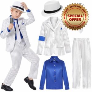 Kids King Of Pop Musician Costume Set 5 Pieces Including Pinstripe Jacket Shirt Pants Hat And Tie 80s 90s Music Icon For Halloween Party Stage Performance And Fancy Dress