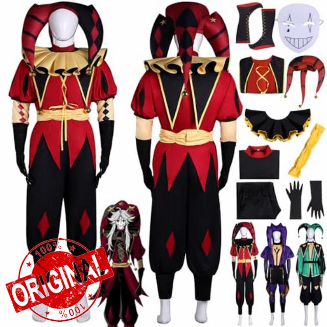 Game Character Pierrot Cosplay Costume Outfit Harlequin Jester Role Play Uniform Full Set Halloween Carnival Party Dress Up Suit with Hat Mask for Me