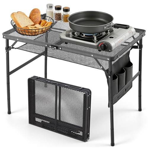 2-Height Adjustable Aluminum Picnic Table with Side Pockets & Storage Mesh