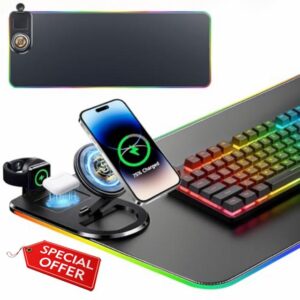Wireless Charging Mouse Pad 15W RGB Gaming Mousepad Waterproof Desk Mat with Phone Holder 800x350x4MM Extra Large Desk Pad Non-Slip Base Computer Keyboard Mat for PC Laptop