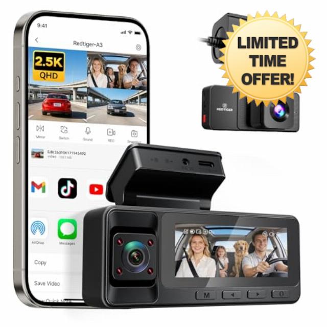 REDTIGER 2.5K 3 Channel Dash Cam with WiFi