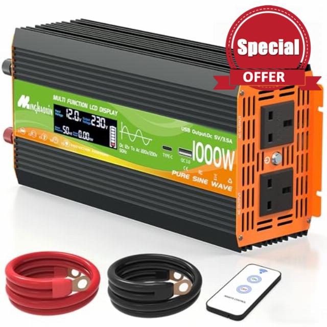 1000W Pure Sine Wave Inverter，12V to 230v 240v Car Converter Power Inverter with USB Ports