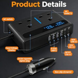 12V DC to 240V / 230V AC Converter with 2 AC Outlets and 6 USB Ports with 65W USB-C