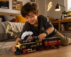 Sound & Lights - 60cm Large Inertial Power Steam Engine with Passenger Car - Vintage Railway Set for Kids