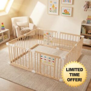 GYMAX Wooden Baby Playpen