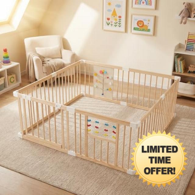 GYMAX Wooden Baby Playpen