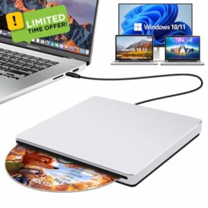 External CD DVD Drive for Laptop: Portable USB C CD Burner Reader DVD Player for Mac MacBook PC Windows 11 with USB3.0 Adapter Aluminum Alloy Slot-in SuperDrive for Apple