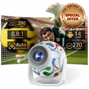 2026 World Cup Commemorative Edition Mini Projector，Support 8K/1080P & 290ANSI Smart Portable Projector，Auto Vertical Keystone 270°Rotatable with WiFi 6 and Bluetooth 5.4