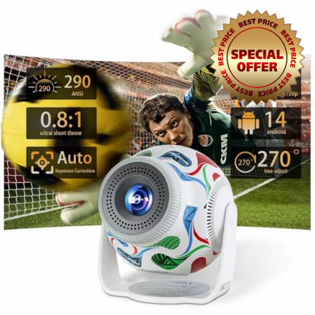 2026 World Cup Commemorative Edition Mini Projector，Support 8K/1080P & 290ANSI Smart Portable Projector，Auto Vertical Keystone 270°Rotatable with WiFi 6 and Bluetooth 5.4