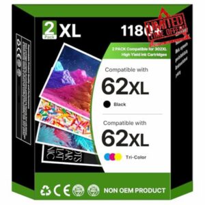 62XL Ink Cartridge Twin Pack Ink Cartridges Replacement for HP 62 62XL Ink for HP Envy 5540 5542 5543 5544 5545 5546 5640 5642 OfficeJet 200 250 258 5740 5744 8040 8045 printers (1Black