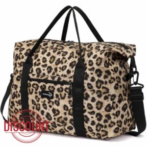 Leopard Print Gym Bag for Travel Foldable Carry-On Travel Bag Small/Medium Weekender Overnight Bags for Women 40L Waterproof Sport Duffle Bag with Laptop Compartme