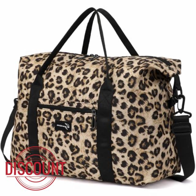 Leopard Print Gym Bag for Travel Foldable Carry-On Travel Bag Small/Medium Weekender Overnight Bags for Women 40L Waterproof Sport Duffle Bag with Laptop Compartme