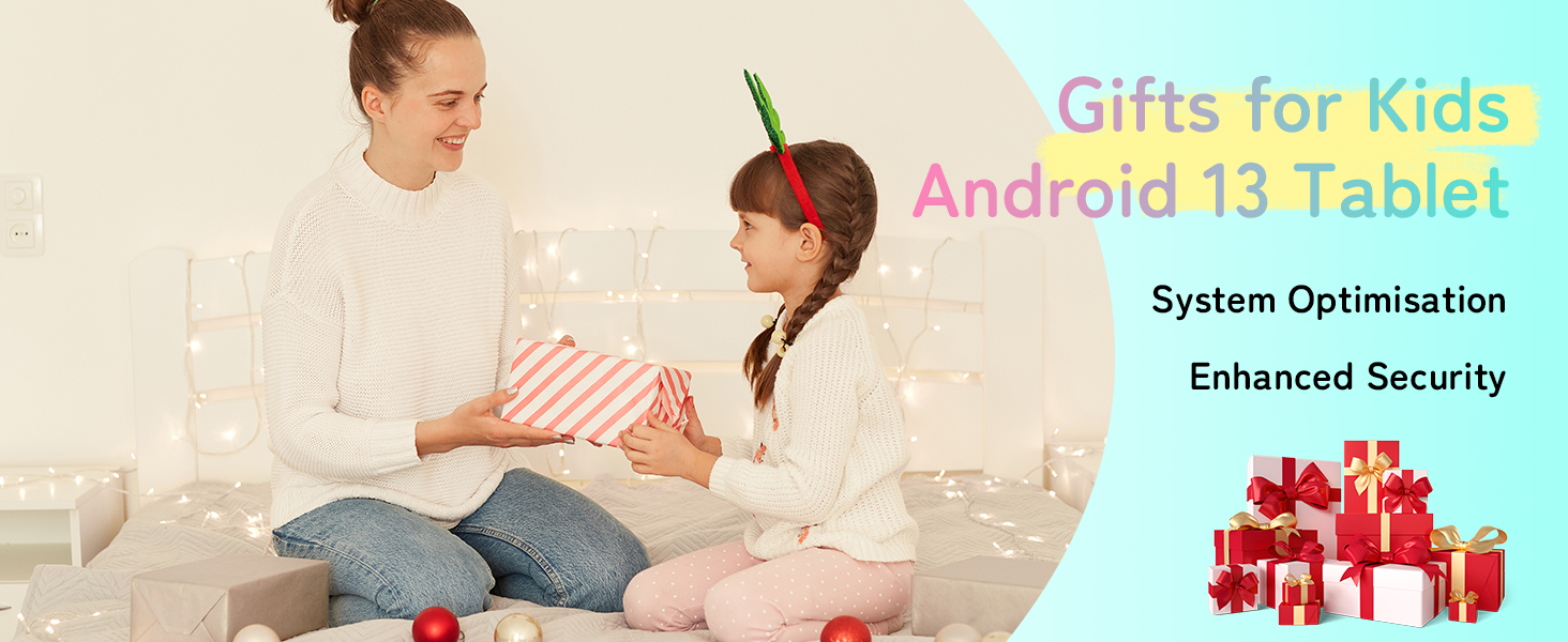 Woman and girl exchanging a wrapped gift on a couch. Text overlay mentions 'Gifts for Kids Android 13 Tablet' with features like 'System Optimisation' and 'Enhanced Security'.