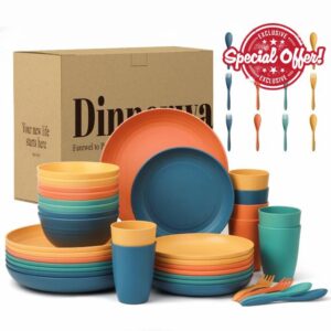Wrova Plastic Dinner Set 48-Piece | Reusable Camping Cutlery Service for 8 | Cups