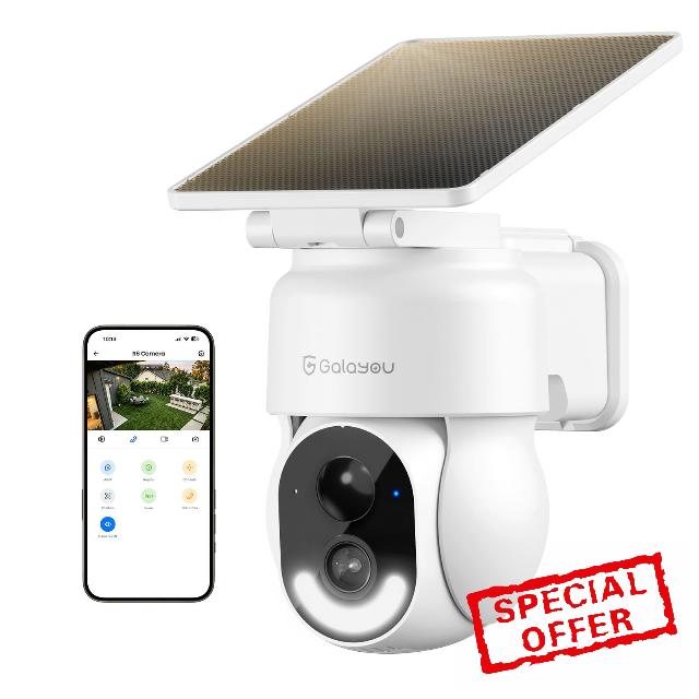 GALAYOU Solar Security Camera Outdoor Wireless - 2K Pan&Tilt Battery Powered CCTV