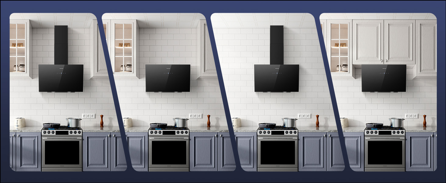 Black wall-mounted range hood or ventilation unit with angular design and blue directional arrow indicating upward airflow against white subway tile backsplash.