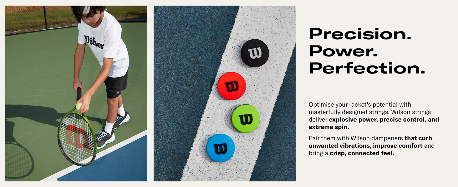 Text reads: 'Precision. Power. Perfection.' Tennis equipment display showing racket, court surface, and colored tennis balls with specifications text on right panel.