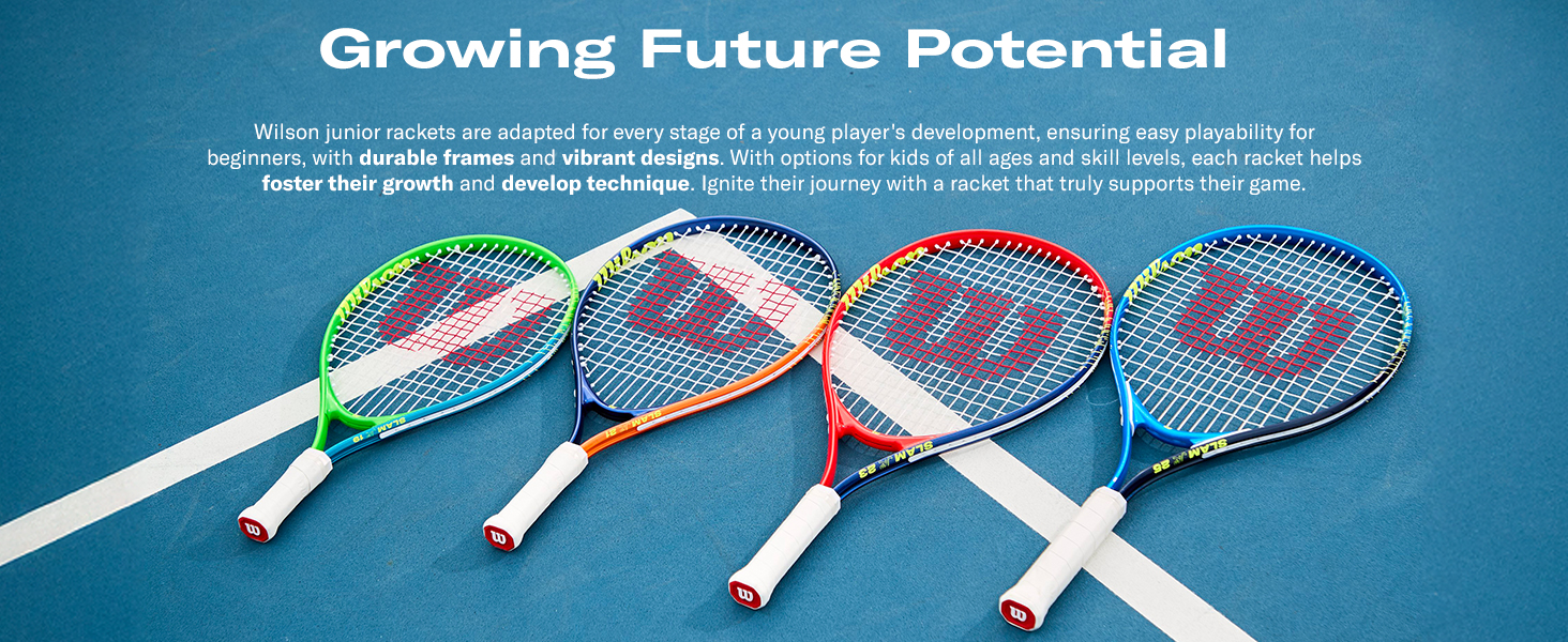Text reads "Growing Future Potential." Four colorful tennis rackets with striped designs displayed on blue background with white diagonal elements.