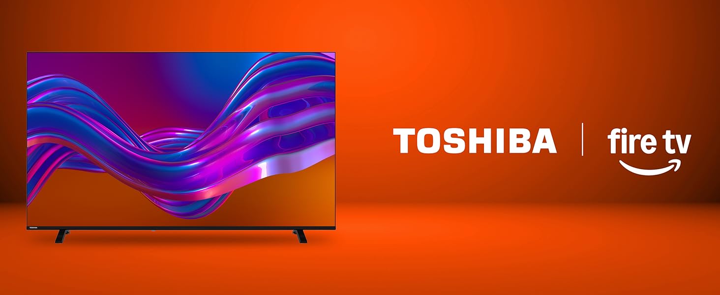 Text reads 'TOSHIBA fire tv'. Marketing image showing blue and purple abstract graphic waves against orange-red background.