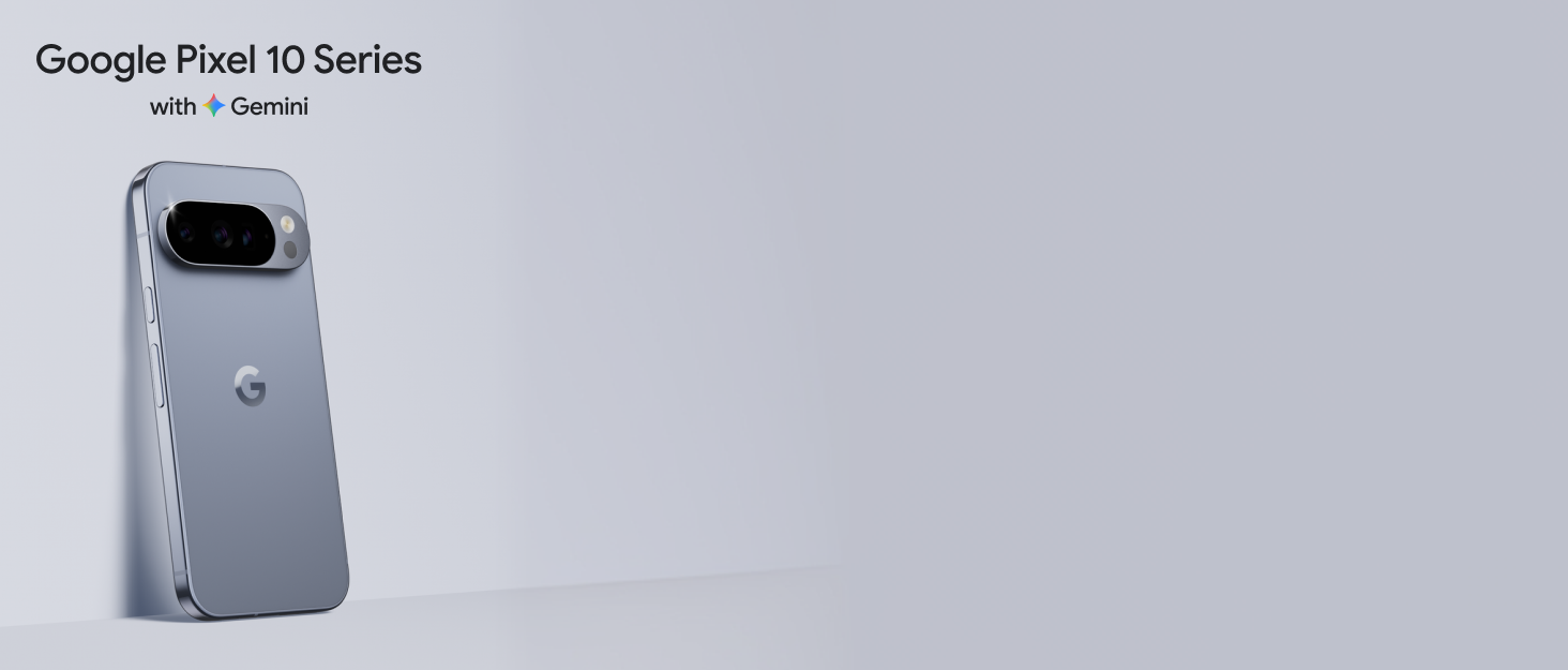 Text reads 'Google Pixel 10 Series' and 'Just Leaked'. Light blue/grey smartphone displayed against plain background, showing rear camera system.