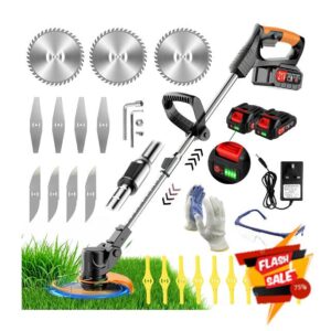 Cordless Strimmer 21V Electric Grass Trimmer with 2x2.0Ah Battery Fast Charger Garden Trimmer with Metal Blades Lightweight Adjustable Handle Brush Cutter for Lawn Garden(Black)