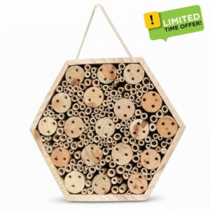 Hexagon Wooden Bee House for Garden - Natural Hotel with Hanging Rope