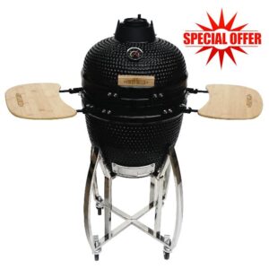 Kamado Grill 18" Ceramic Egg Charcoal Mini BBQ Smoker With Steel Stand Black Portable Outdoor Garden Barbecue Oven Smoking Baking Grilling 10-400°C Thermometer Utensils Kit Rain Cove