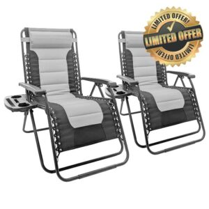 Harbour Housewares Padded Zero Gravity Chair Set with Cup and Phone Holder - 110KG Load Capacity - Grey - 2 Piece Heavy-Duty Reclining Folding Outdoor Garden Camping Patio Beach Loungers Se