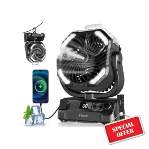 Misting Camping Fan 20000mAh - 120H Runtime Rechargeable Battery Powered Fan with LED Light | 270° Pivot