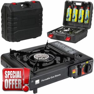 Taylor & Brown Black Portable Camping Stove with Heavy Duty ABS Cary Case & 4 Butane Gas | EN417 Compliant Premium Camping Stove Gas Portable | with Automatic Ignition & Heat Control