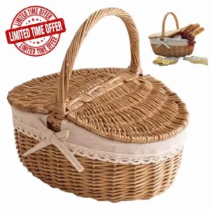 Wicker Picnic Basket Vintage Style Woven Picnic Baskets with Lid and Handles for Picnics Camping Shopping and Home Storage Medium Wicker Basket