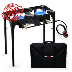 GasOne Double Propane Burner with Carry Bag Adjustable Height 4-Tier Removable Legs for Outdoor Cooking – High Pressure PSI Regulator Camping Accessories Camp Stove – Cast Iron Portable Stove Top