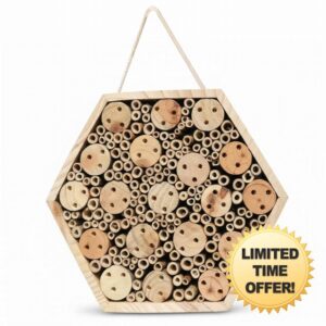 Hexagon Wooden Bee House for Garden - Natural Hotel with Hanging Rope