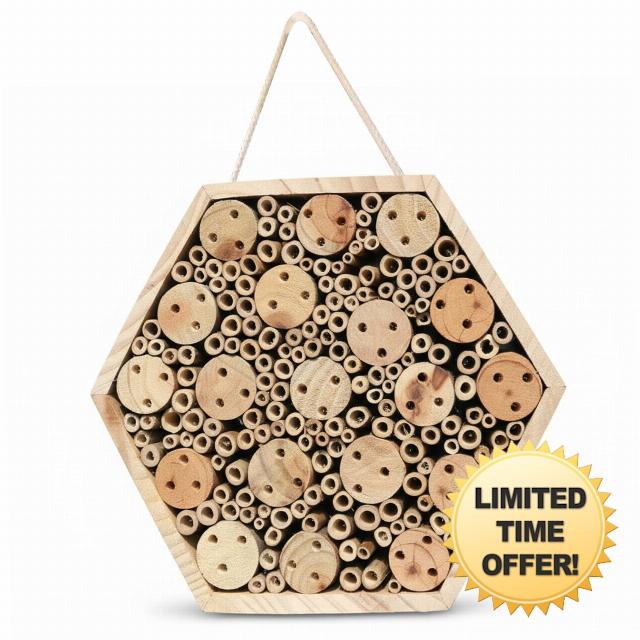 Hexagon Wooden Bee House for Garden - Natural Hotel with Hanging Rope