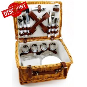Luxury Wicker Picnic Basket for 4 Person – Complete Hamper Set with Plates