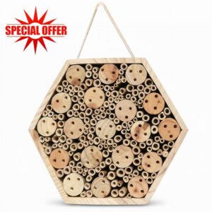Hexagon Wooden Bee House for Garden - Natural Hotel with Hanging Rope