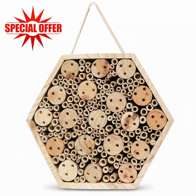 Hexagon Wooden Bee House for Garden - Natural Hotel with Hanging Rope