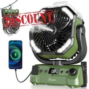 Misting Camping Fan 20000mAh - 120H Runtime Rechargeable Battery Powered Fan with LED Light | 270° Pivot