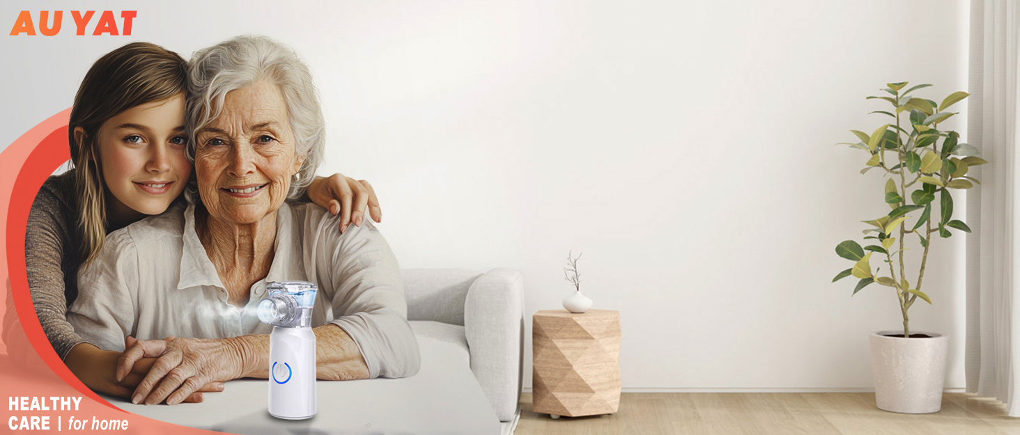White medical or healthcare device on a side table in a living room setting with potted plant and comfortable seating.