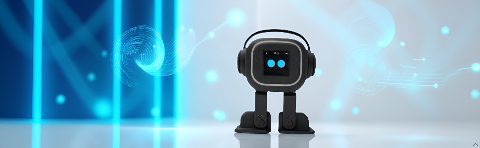 Black robot-like device with two circular white eyes and antenna, standing on white surface against blue abstract digital background.