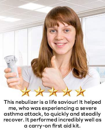 Handheld nebulizer device with five-star rating. Text indicates it's effective for asthma treatment and portable use.